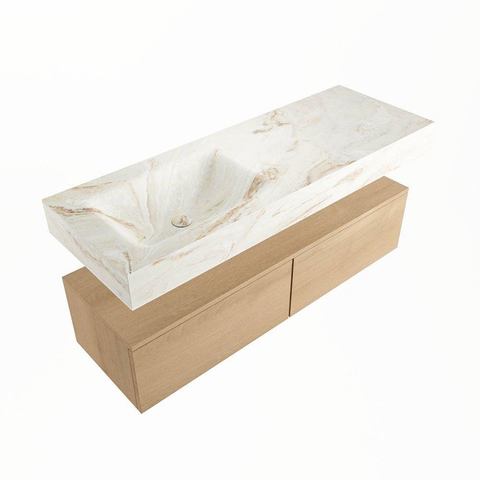 Mondiaz ALAN-DLUX Ensemble de meuble - 130cm - meuble Washed Oak mat - 2 tiroirs - Lavabo Cloud Frappe suspendu - vasque Gauche - 1 trou de robinet SW808792