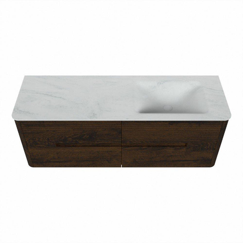 Mondiaz CIRO-DLUX Badkamermeubelset - 140x45x50cm - Solid surface wastafel Opalo - 1 wasbak Rechts - 1 kraangat - 4 lades - Walnut SW1530400