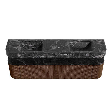 MONDIAZ THOR-DLUX 200cm badmeubel ronding links + rechts kleur Walnut met 2 lades en 2 deuren. Vrijhangende wastafel CLOUD Dubbel 2 kraangaten kleur Lava. SW1466993