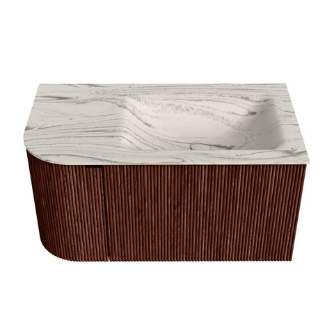 MONDIAZ KURVE-DLUX Meuble de salle de bains 85cm arrondi à gauche couleur Ruby avec 1 tiroir et 1 porte. Lavabo CLOUD à droite sans trou de robinet Nata. SW1434035