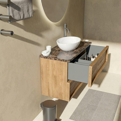 Saniclass Holz Frame Ensemble de meubles de salle de bains - 100x45x63cm - Plan de travail en pierre naturelle Noche dark emperador - 1 trou de robinetterie - 2 tiroirs - chêne natural mat (bois) SW1579874