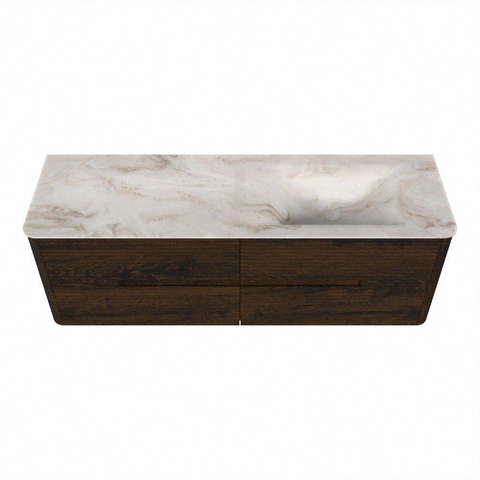 Mondiaz CIRO-DLUX Badkamermeubelset - 150x45x50cm - Solid surface wastafel Frappe - 1 wasbak Rechts - zonder kraangaten - 4 lades - Walnut SW1530202