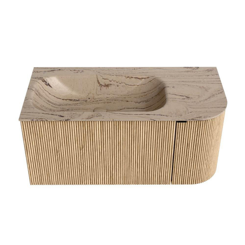 MONDIAZ KURVE-DLUX Meuble de salle de bains 95cm arrondi à droite couleur Oak avec 1 tiroir et 1 porte. Lavabo BIG SMALL à gauche 1 trou de robinet Arena. SW1431088