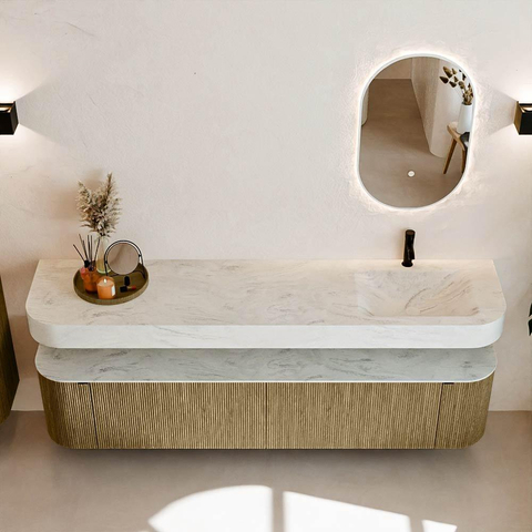 MONDIAZ THOR-DLUX 200cm meuble de salle de bains arrondi gauche + droite couleur Dusk avec 2 tiroirs et 2 portes. Vasque suspendue CLOUD Droite 1 trou de robinet couleur Opalo. SW1466857
