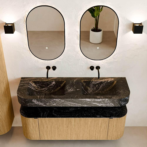 MONDIAZ THOR-DLUX 140cm meuble de salle de bains arrondi gauche + droite couleur Oak avec 1 tiroir et 2 portes. Vasque suspendue CLOUD Double sans trou de robinet couleur Lava. SW1463962