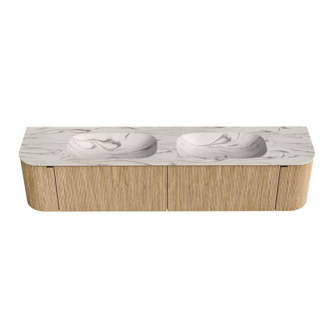 MONDIAZ KURVE-DLUX Meuble de salle de bains 200cm arrondi Gauche + Droite couleur Chêne avec 2 tiroirs et 2 portes. Lavabo STOR SMALL Double sans trou de robinet Nata. SW1432164