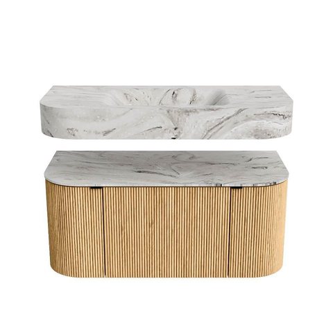 MONDIAZ THOR-DLUX 100cm badmeubel ronding links + rechts kleur Oak met 1 lade en 2 deuren. Vrijhangende wastafel CLOUD Midden zonder kraangat kleur Glace. SW1467309
