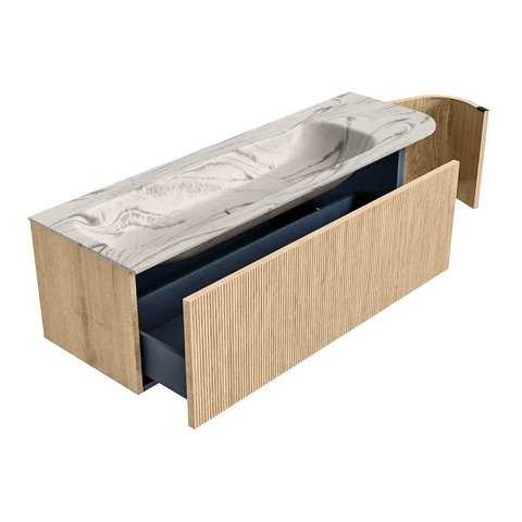 MONDIAZ KURVE-DLUX 145cm badmeubel ronding Rechts kleur Oak met 1 lade en 1 deur. Wastafel BIG LARGE Links 1 kraangat Nata. SW1432126