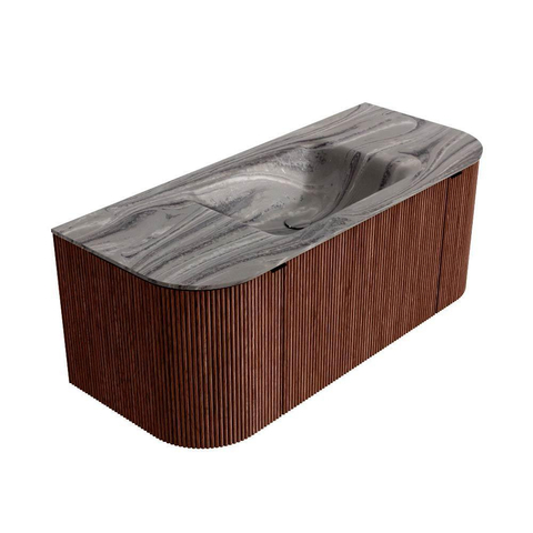 MONDIAZ KURVE-DLUX 110cm badmeubel ronding Links + Rechts kleur Ruby met 1 lade en 2 deuren. Wastafel CLOUD Midden zonder kraangat Sombra. SW1433924