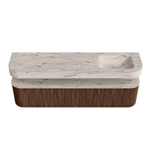 MONDIAZ THOR-DLUX 190cm meuble de salle de bains arrondi gauche + droite couleur Walnut avec 2 tiroirs et 2 portes. Vasque suspendue CLOUD Droite sans trou de robinet couleur Nata. SW1466771