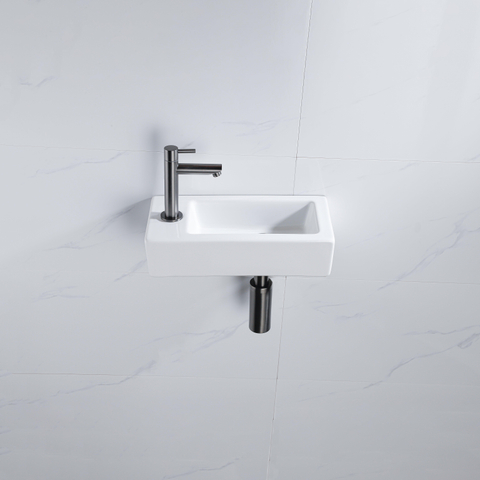 QeramiQ Fuente fonteinset – 37.5x18.5x9 cm – keramiek wit glans – kraangat links – kraan geborsteld gunmetal SW1232760