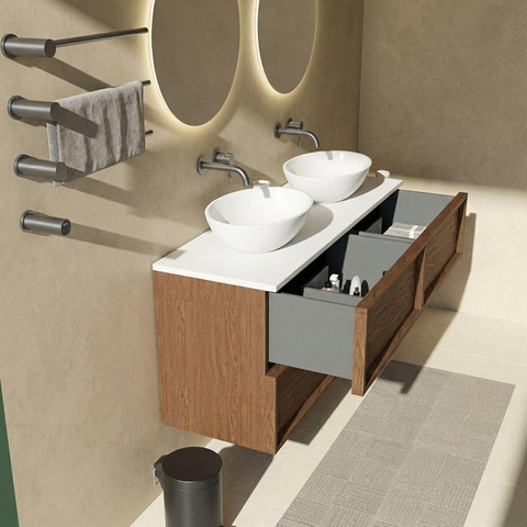 Saniclass Holz Frame Ensemble meuble de salle de bains - 140x45x62.5cm - plan Torino en solid surface blanc - sans trou de robinet - 4 tiroirs - noyer pure mat (bois) SW1579994