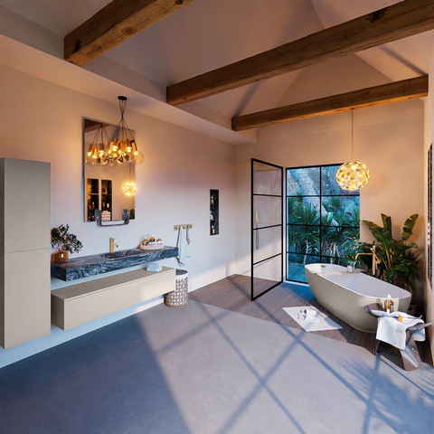 Mondiaz ALAN-DLUX Ensemble de meuble - 150cm - meuble Linen mat - 1 tiroir - Lavabo Cloud Lava suspendu - vasque Centre - 1 trou de robinet SW808375
