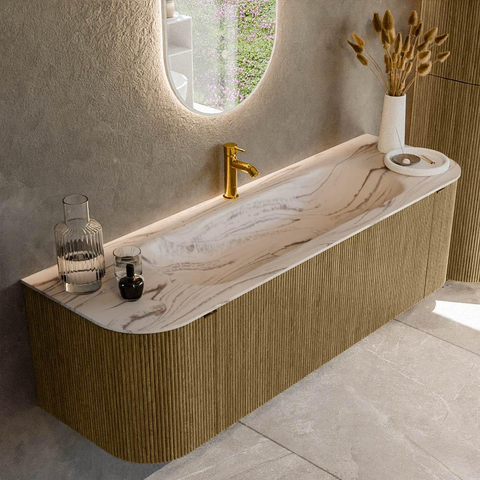 MONDIAZ KURVE-DLUX 150cm badmeubel ronding Links + Rechts kleur Dusk met 1 lade en 2 deuren. Wastafel BIG MEDIUM Midden 1 kraangat Nata. SW1432401