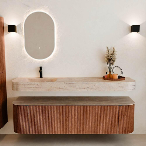 MONDIAZ THOR-DLUX 170cm meuble de salle de bains arrondi gauche + droite couleur Ruby avec 1 tiroir et 2 portes. Vasque suspendue CLOUD Gauche 1 trou de robinet couleur Saba. SW1465716