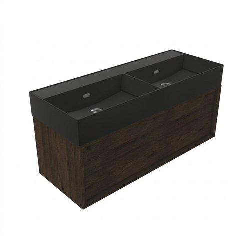 Saniclass Holz Frame Badkamermeubelset - 120x45x52cm - Legend keramische wastafel mat zwart - 2 wasbakken - zonder kraangaten - 1 lade - mat eiken charcoal (hout) SW1579684