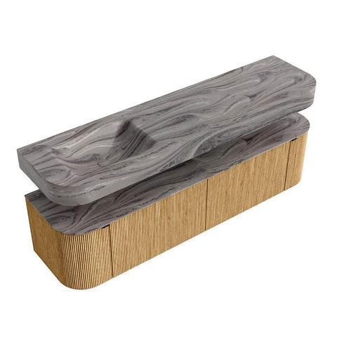 MONDIAZ THOR-DLUX 180cm meuble de salle de bains arrondi gauche + droite couleur Oak avec 2 tiroirs et 2 portes. Vasque suspendue CLOUD gauche 1 trou de robinet couleur Sombra. SW1466252