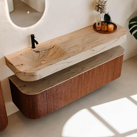 MONDIAZ THOR-DLUX 160cm meuble de salle de bains arrondi gauche + droite couleur Ruby avec 1 tiroir et 2 portes. Vasque suspendue CLOUD Gauche 1 trou de robinet couleur Arena. SW1465127