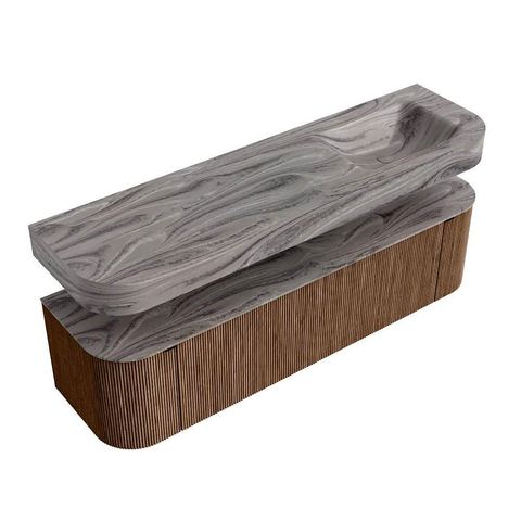 MONDIAZ THOR-DLUX 170cm meuble de salle de bains arrondi gauche + droite couleur Walnut avec 1 tiroir et 2 portes. Vasque suspendue CLOUD droite sans trou de robinet couleur Sombra. SW1465844