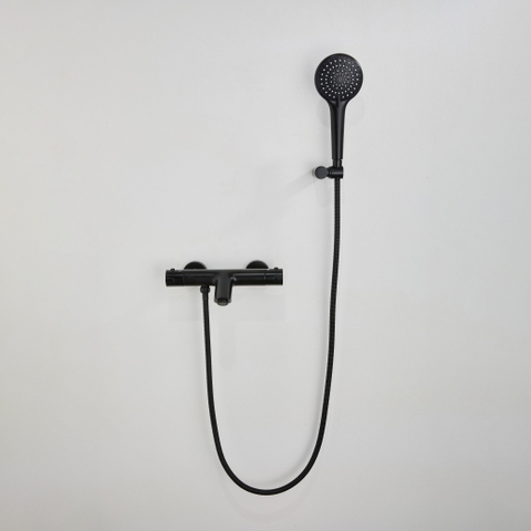 Adema Sparkle 2.0 Badset - thermostatische badkraan - handdouchehouder - ronde handdouche - metalen doucheslang - mat zwart SW1530116