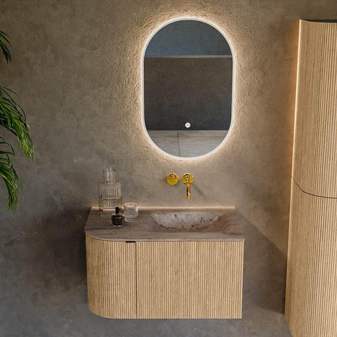 MONDIAZ KURVE-DLUX meuble de salle de bains 75cm arrondi à gauche couleur chêne avec 1 tiroir et 1 porte. Lavabo GRUNNE à droite sans trou de robinet Oza. SW1432594