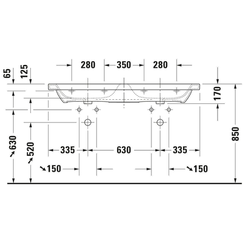 Duravit Durastyle Dubbele wastafel - 130x48cm - met 2 kraangaten - met overloop - wit SW88235