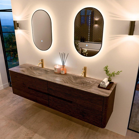 Mondiaz CIRO-DLUX Badkamermeubelset - 190x45x50cm - Solid surface wastafel Oza - 2 wasbak Dubbel - 2 kraangaten - 4 lades - Walnut SW1530683