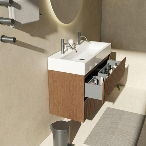 Saniclass Holz Atelier Ensemble meuble de salle de bains - 100x45x72cm - Plan vasque Legend en céramique blanc - 1 vasque - 2 trous de robinetterie - 2 tiroirs - noyer pure mat (bois) SW1478498