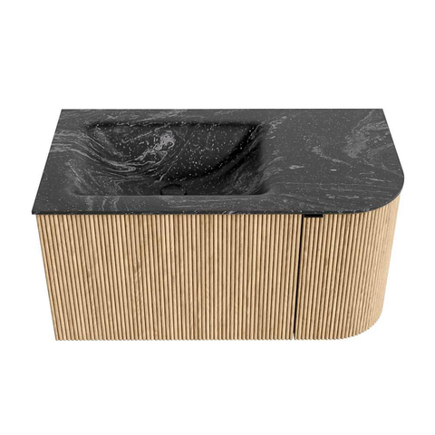 MONDIAZ KURVE-DLUX 85cm badmeubel met module 25 R kleur Oak met 1 lade en 1 deur. Wastafel CLOUD links zonder kraangat kleur Lava. SW1138106