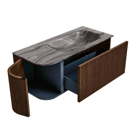 MONDIAZ KURVE-DLUX 105cm badmeubel ronding Links kleur Walnut met 1 lade en 1 deur. Wastafel BIG SMALL Rechts 1 kraangat Sombra. SW1433647