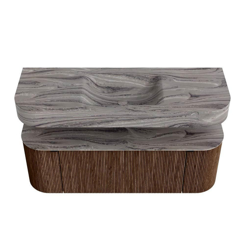 MONDIAZ THOR-DLUX 130cm badmeubel ronding links + rechts kleur Walnut met 1 lade en 2 deuren. Vrijhangende wastafel CLOUD Midden zonder kraangat kleur Sombra. SW1464058