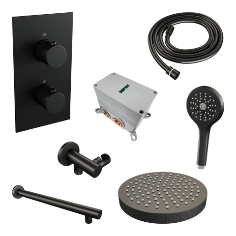 BRAUER Stripe Douche de tête thermostatique encastrée - 3 voies - rectangulaire - SET 16 - pomme de douche 25cm - bras mural droit - douchette 3 jets - flexible de douche - coude mural - noir mat SW1435144