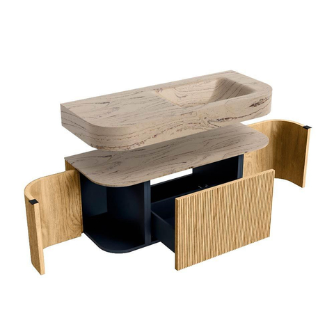 MONDIAZ THOR-DLUX 110cm meuble de salle de bains arrondi gauche + droite couleur Chêne avec 1 tiroir et 2 portes. Vasque suspendue CLOUD Droite sans trou de robinet couleur Arena. SW1462894