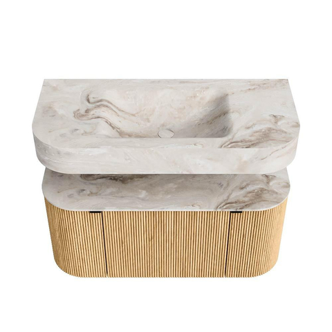 MONDIAZ THOR-DLUX 100cm meuble de salle de bains arrondi gauche + droite couleur Oak avec 1 tiroir et 2 portes. Vasque suspendue CLOUD Centre sans trou de robinet couleur Frappe. SW1467300