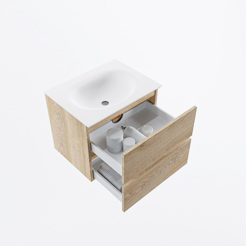 MONDIAZ VICA meuble sous lavabo 60cm Chêne blanchi 2 tiroirs. Lavabo MOON centre 1 trou de robinet, couleur Talc. SW1381813