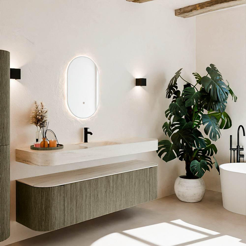 MONDIAZ THOR-DLUX 170cm meuble de salle de bains arrondi gauche + droite couleur Shadow avec 1 tiroir et 2 portes. Vasque suspendue CLOUD Milieu 1 trou de robinet couleur Meli. SW1465771