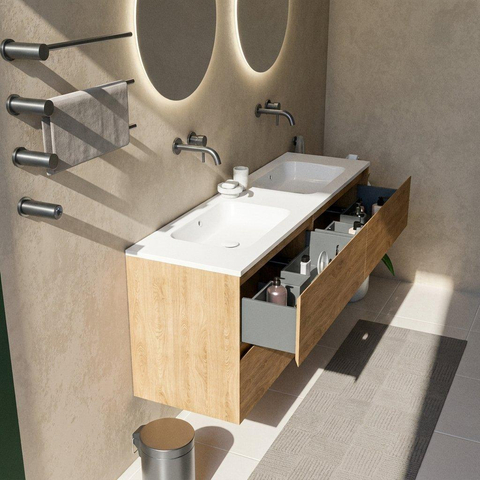 Saniclass Holz Pure Ensemble de meubles de salle de bains - 160x45x77.5cm - vasque Torino en solid surface blanc - sans trou de robinetterie - 4 tiroirs - chêne natural mat (bois) SW1478688
