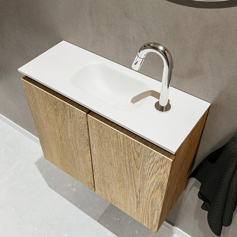 MONDIAZ TURE Kit lave-mains - 60x23x50cm - 1 trou de robinet - 2 portes - chêne blanchi mat - Lavabo centré - Solid Surface Blanc SW475125