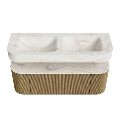 MONDIAZ THOR-DLUX 130cm meuble de salle de bains arrondi gauche + droite couleur Dusk avec 1 tiroir et 2 portes. Vasque suspendue CLOUD Double 2 trous de robinet couleur Ostra. SW1463502