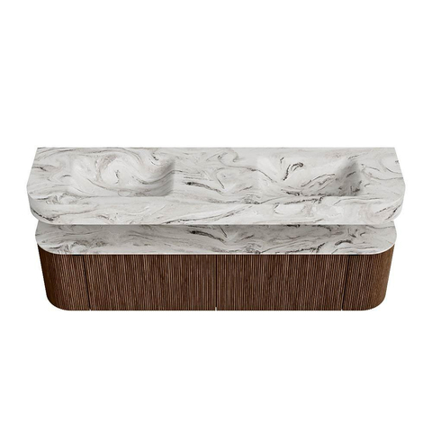 MONDIAZ THOR-DLUX 180cm badmeubel ronding links + rechts kleur Walnut met 2 lades en 2 deuren. Vrijhangende wastafel CLOUD Dubbel 2 kraangaten kleur Glace. SW1465935