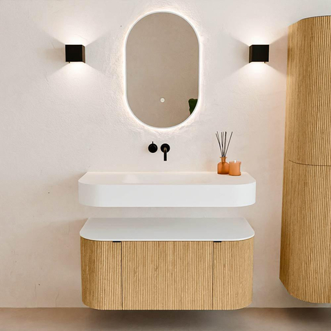 MONDIAZ THOR Meuble de salle de bains 100cm arrondi gauche + droite couleur Oak avec 1 tiroir et 2 portes. Vasque suspendue CLOUD Milieu sans trou de robinet couleur Talc. SW1467296