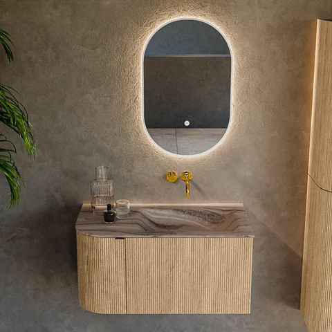 MONDIAZ KURVE-DLUX 85cm badmeubel ronding Links kleur Oak met 1 lade en 1 deur. Wastafel CLOUD Rechts zonder kraangat Sombra. SW1433528