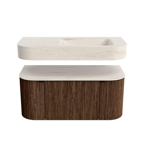 MONDIAZ THOR-DLUX 100cm meuble de salle de bains arrondi gauche + droite couleur Walnut avec 1 tiroir et 2 portes. Vasque suspendue CLOUD Droite 1 trou de robinet couleur Meli. SW1467479
