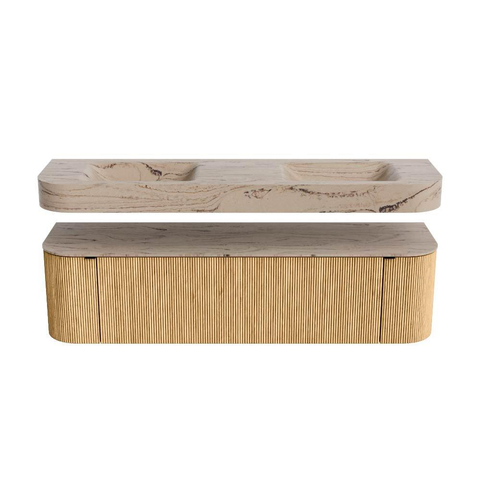 MONDIAZ THOR-DLUX 170cm badmeubel ronding links + rechts kleur Oak met 1 lade en 2 deuren. Vrijhangende wastafel CLOUD Dubbel 2 kraangaten kleur Arena. SW1465788