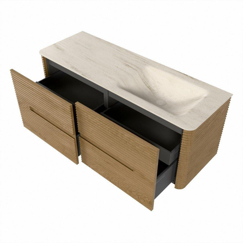 Mondiaz CIRO-DLUX Meuble de salle de bains - 130x45x50cm - Plan vasque solid surface Meli - 1 lavabo à droite - 1 trou de robinetterie - 4 tiroirs - Chêne SW1531391