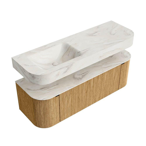 MONDIAZ THOR-DLUX 140cm badmeubel ronding links + rechts kleur Oak met 1 lade en 2 deuren. Vrijhangende wastafel CLOUD Links zonder kraangat kleur Ostra. SW1463930