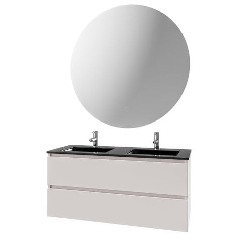 Saniclass Chaci Meuble de salle de bain - 120x46x55cm - lavabo en céramique noir - 2 vasques - 2 trous de robinet - 2 tiroirs - ronde miroir avec éclairage - mat cotton (beige) SW1182366