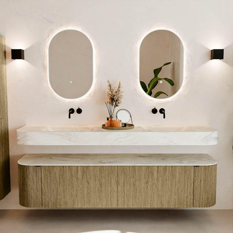 MONDIAZ THOR-DLUX Meuble de salle de bains - 190cm - arrondi gauche + droite - couleur Dusk - 2 tiroirs et 2 portes - Vasque suspendue CLOUD Double sans trou de robinet - couleur Ostra SW1466476