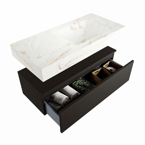 Mondiaz ALAN-DLUX Ensemble de meuble - 100cm - meuble Urban mat - 1 tiroir - Lavabo Cloud Frappe suspendu - vasque Droite - 1 trou de robinet SW804707