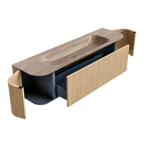 MONDIAZ KURVE-DLUX 170cm badmeubel ronding Links + Rechts kleur Oak met 1 lade en 2 deuren. Wastafel BIG LARGE Midden zonder kraangat Saba. SW1433102